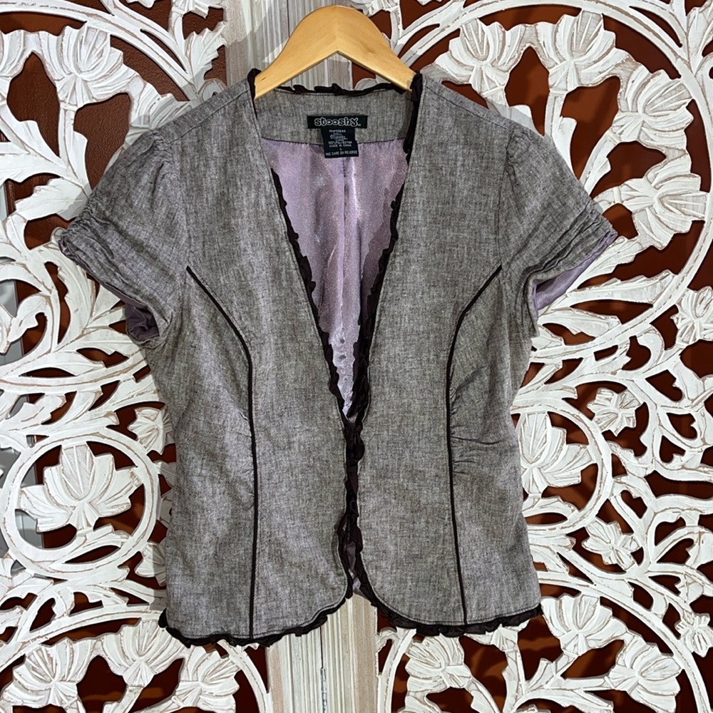 Cap sleeve purple jacket with ruffle trim